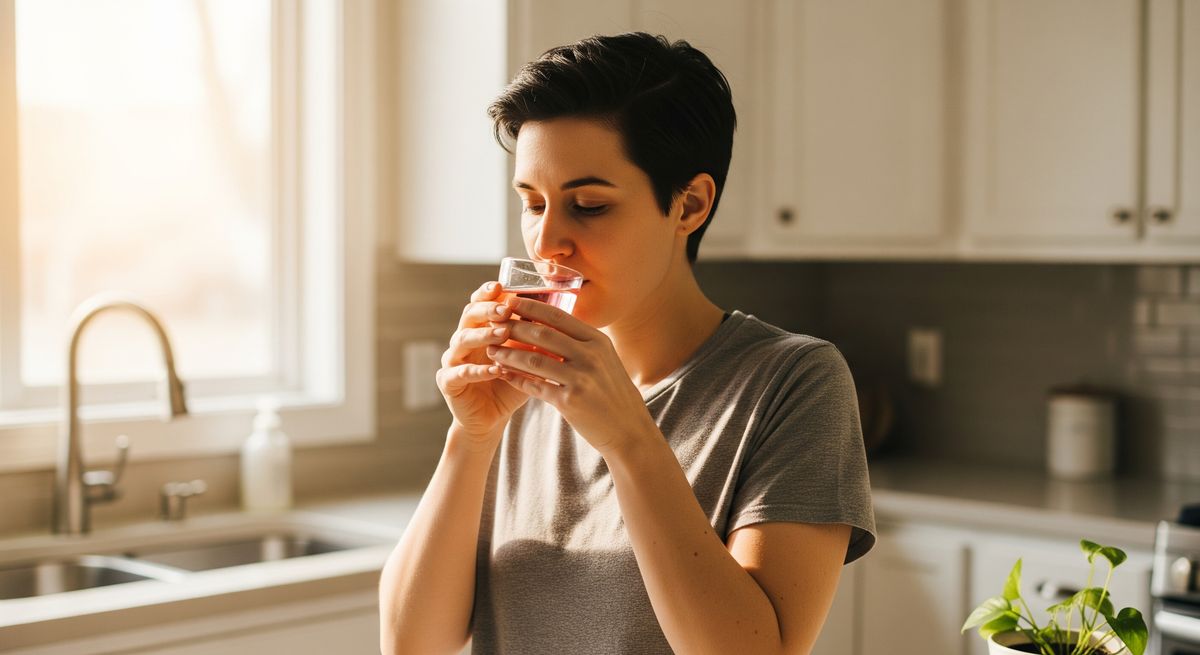 personne buvant un complement liquide dans un verre en ambiance lumineuse